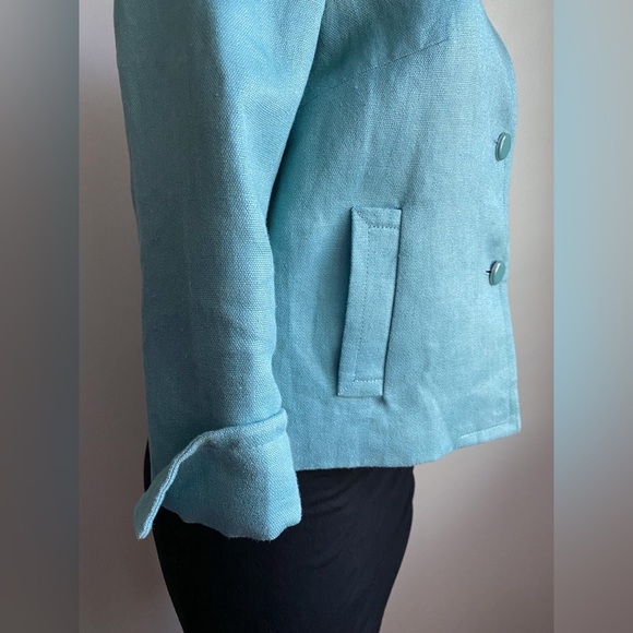 TALBOTS Teal Linen 3/4 Sleeve Blazer Collarless Career Feminine Retro 6 Petite - Picture 8 of 13